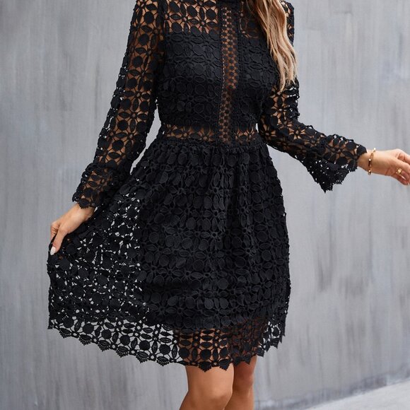 Mock Neck mesh insert Flounce Sleeve Lace Dress black - Picture 2 of 10